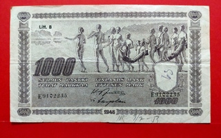 1000 markkaa 1945 B, kynäm, ei rissejä, kunto 3-4. (KD5)