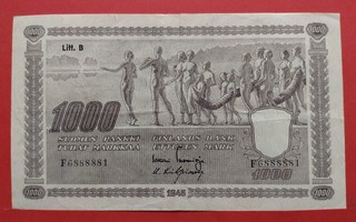 1000 markkaa 1945 B, ei rissejä, kunto noin 4-5. (KD6)