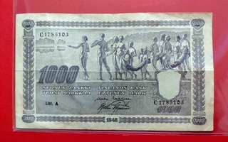 1000 mk 1945 Litt A, taitoksia, kunto noin 4. (KD7)